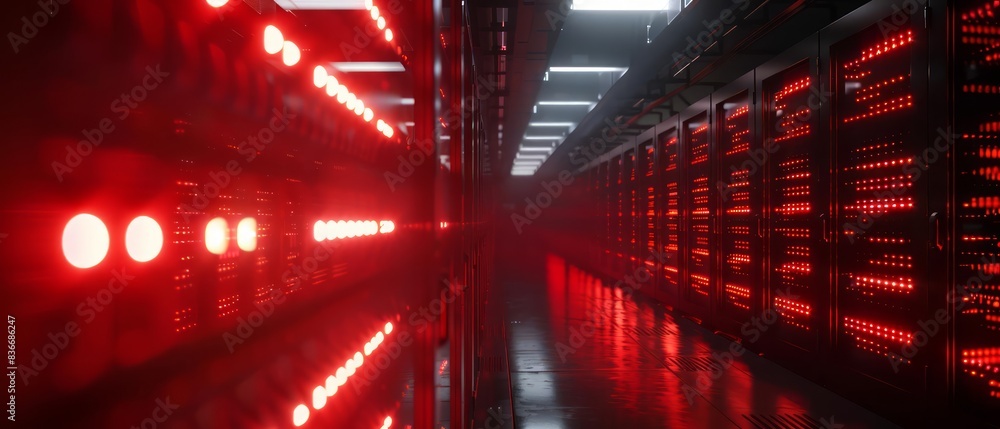 Poster data center panorama wideangle view of operational rack servers with red emergency led lights blinki