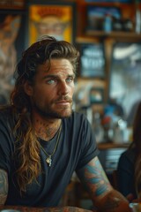 The Portrait of a Tattooed Bearded Man with Long Hair in a T-shirt, Sitting in a Coffee Shop with Artworks on Wall in BackgroundPortrait