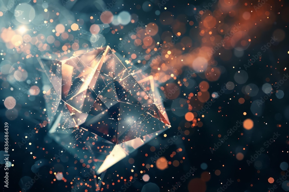 Aufkleber design a scifi shape floating in empty space, surrounded by shimmering particles and geometric patte