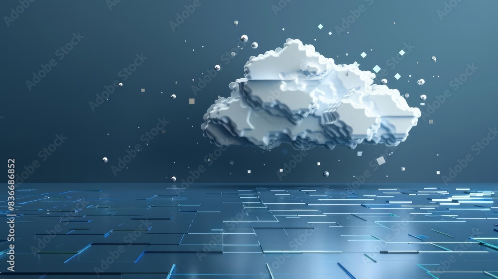 Poster digital cloud computing and data hosting illustration with a white cloud on a blue background 3d vis