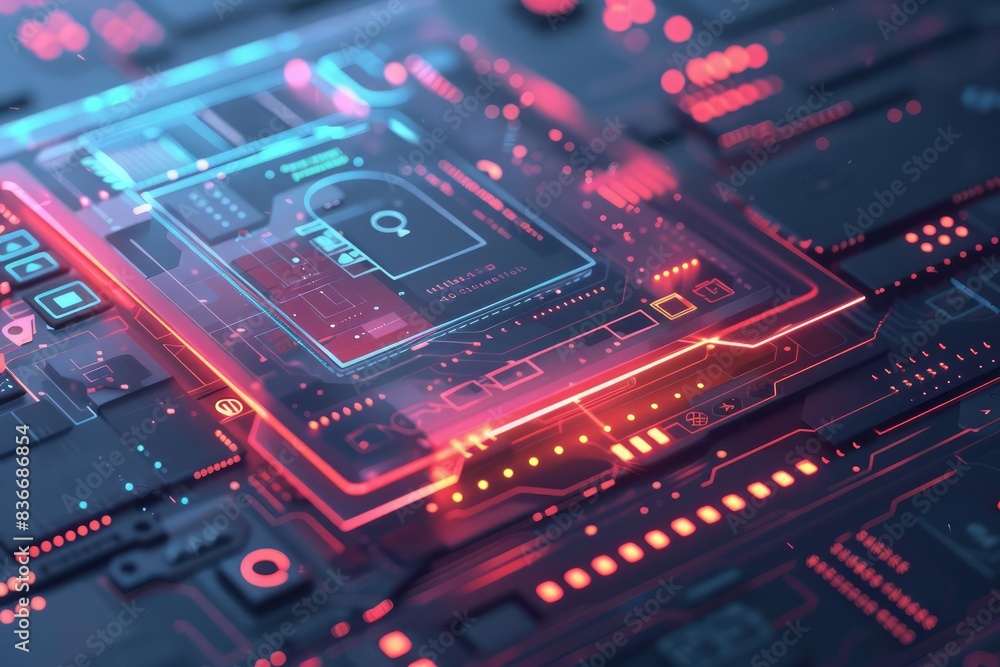 Poster digital design featuring a laptop with a locked screen, symbolizing cyber security and data protecti