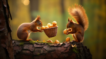 Squirrels gathering nuts or storing food, Photo shot