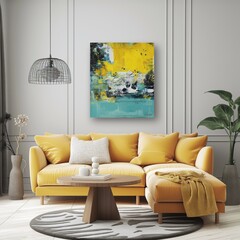Cozy Living Room with Yellow Sectional Sofa and Abstract Wall Art