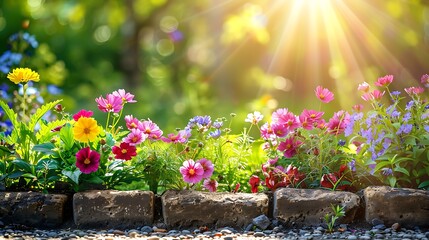 Outdoor podium background set in a picturesque garden. Lush greenery and colorful flowers surround the podium. Natural sunlight with dappled shadows creates a serene setting