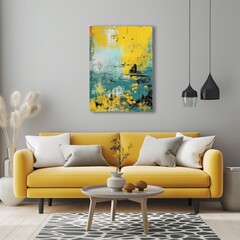 Modern Living Room with Yellow Sofa and Abstract Wall Art