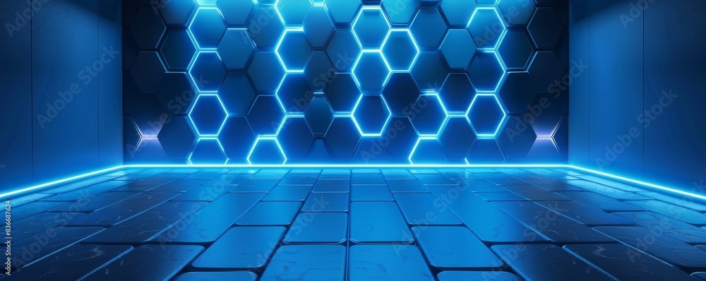 Poster 3d render, abstract background with blue glowing hexagon patterns on dark wall and floor in futurist