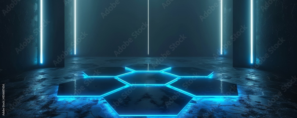 Poster 3d render, abstract background with blue glowing hexagon patterns on dark wall and floor in futurist