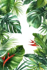 Tropical foliage including painted leaves and vines on a white background 