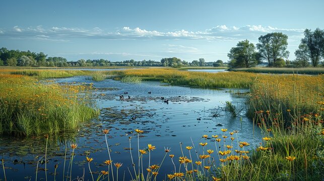 A panoramic view of a wetland ecosystem, with diverse plant life, waterfowl, and the interplay of land and water creating a rich and vibrant environment. Minimal and Simple,