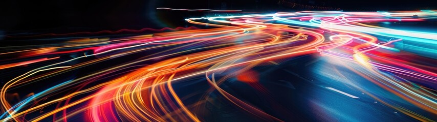 Obraz premium Urban Energy: Abstract Light Trails of Moving Car Headlights in Colorful Night Patterns