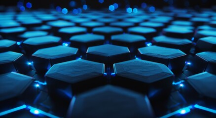 Obraz premium 3D render of glowing blue hexagons on a black background. The honeycomb pattern glows.