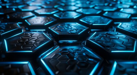 3D render of glowing blue hexagons on a black background. The honeycomb pattern glows.