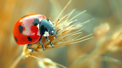 A close-up of a ladybug crawling on a blade of grass, with the details of its bright red shell and black spots in sharp focus, emphasizing the small wonders of nature. Minimal and Simple, - Powered by Adobe