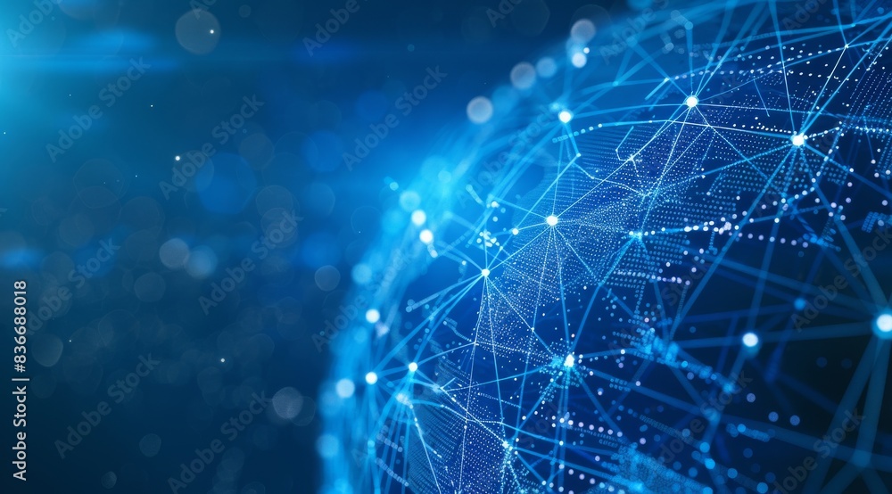 Poster a blue digital globe with data connections and glowing lines, representing global network technology