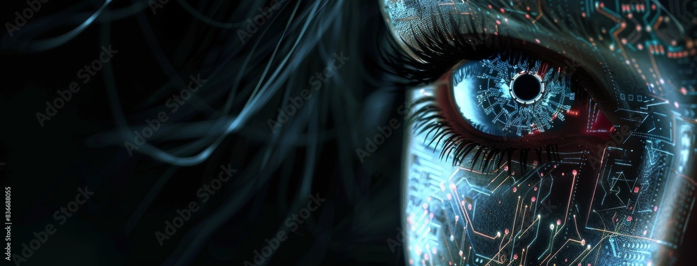 Poster a close up of an eye with digital circuitry and data flowing through it.