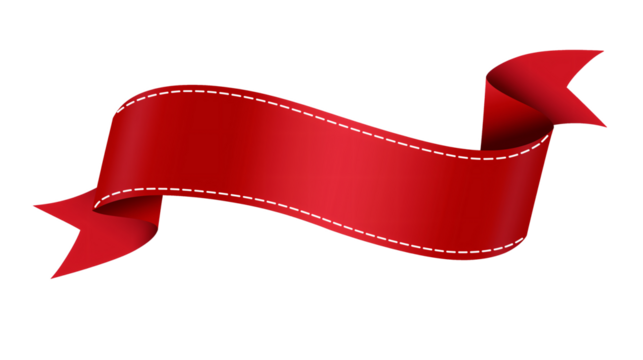 Red ribbon banner with white stitching isolated on transparent background