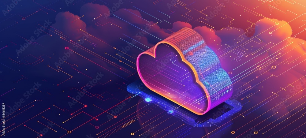 Poster a cloud icon circuit board, data flowing from left to right across the tech background, technology c