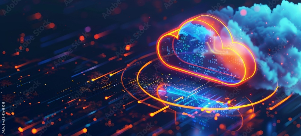 Aufkleber a cloud icon circuit board, data flowing from left to right across the tech background, technology c