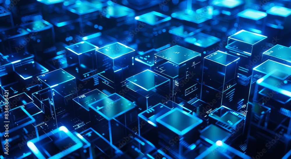 Poster a digital rendering of an abstract background with glowing blue cubes.