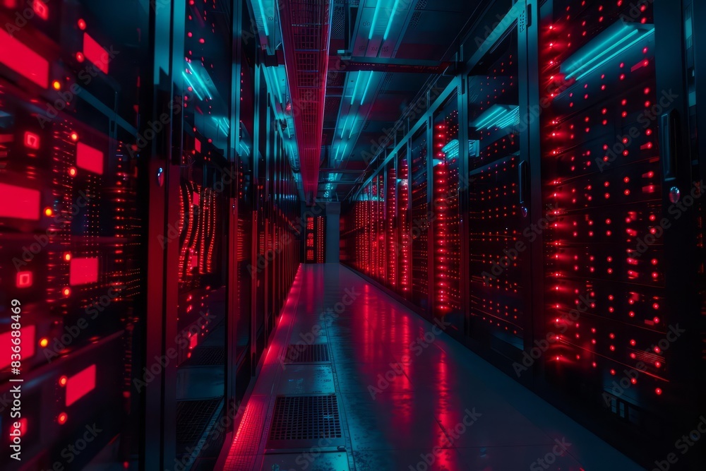Poster hightech server room expansive shot of a working data center with rows of computers and flashing red