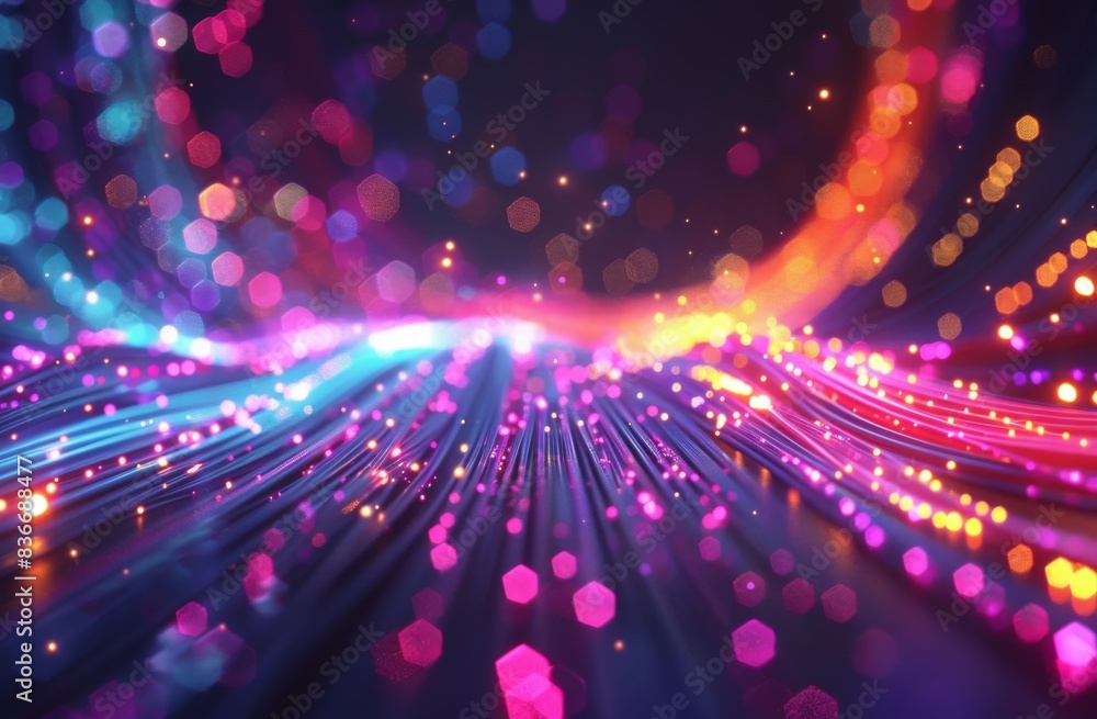 Poster a background of glowing data streams. dynamic nature of information flow across multiple fiber optic