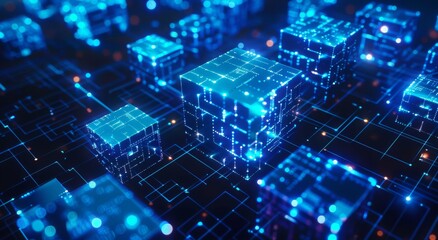 A digital rendering of an abstract background with glowing blue cubes.