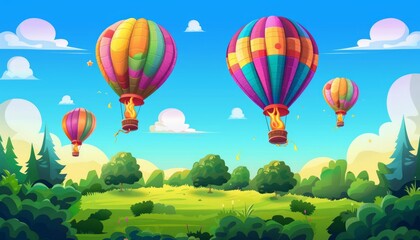 Naklejka premium Blissful Flight: Hot Air Balloons Soaring Over a Lush Green Glade under a Gradient Deep Blue Sky