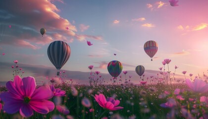 Obraz premium Dancing Among the Cosmos: Vibrant Hot Air Balloons Soar Over Flower Fields