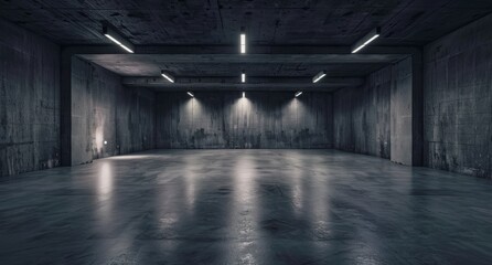 A dark empty underground car park with concrete walls.