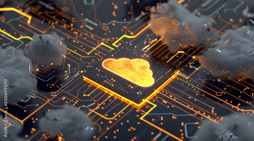 Poster a cloud icon circuit board, data flowing from left to right across the tech background, technology c