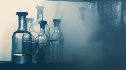 Chemical reagent bottles on a shelf, close-up, foggy with no humans, dim twilight 