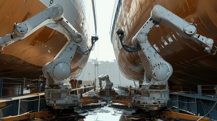 Hightech robots painting a ships exterior with precision theme top view showcasing detailed finishing in shipbuilding technology tone Splitcomplementary color scheme