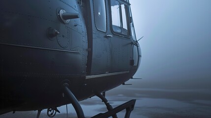 Medical helicopter landing gear, close-up, foggy, deserted, muted tones, ambient lighting 