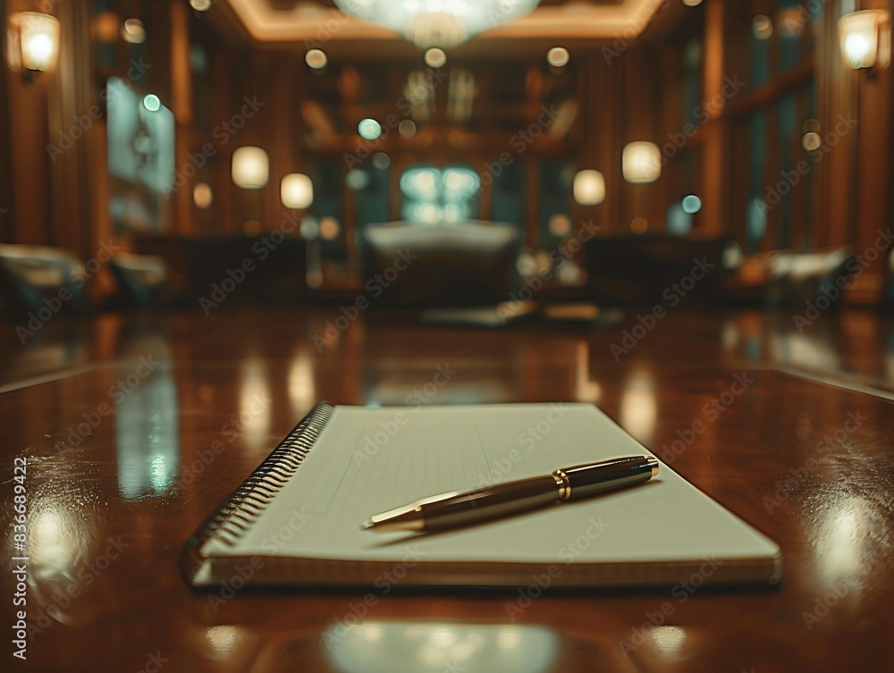 Poster pen notebook table room setup