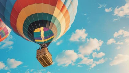 Fototapeta premium Suspended Elegance: Majestic Hot Air Balloon Preparing for Launch under Blue Sky - AR 7:4