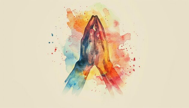 Colorful watercolor painting of praying hands symbolizing faith, spirituality, and hope. Vibrant splashes on a light background.