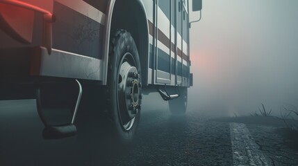 Medical transport vehicle's tires and suspension, close-up, foggy with no humans