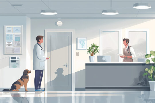 Minimalist vector artwork of a veterinary clinic reception area, showing a veterinarian greeting a pet owner with their dog. The clean lines and pastel colors emphasize the welcoming and professional
