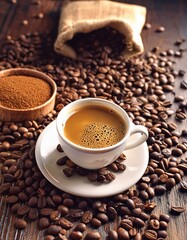 Fototapeta premium Cup of Coffee on a Table - Cozy Setting with Cappucino or Black Coffee - Background for Barrista or Cafe