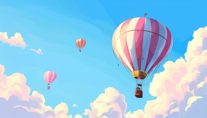 Naklejka premium Up, Up, and Away: Stunning Hot Air Balloons Soar Through the Blue Sky