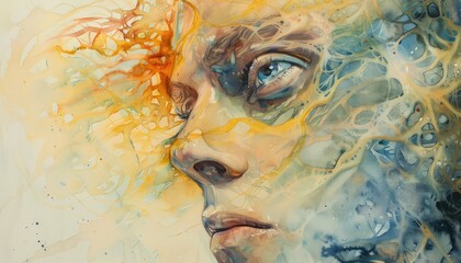 Surreal portrait blending human and abstract elements with vibrant colors, capturing a dreamlike atmosphere and artistic expression.