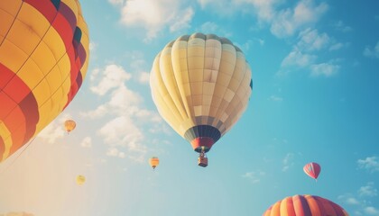 Obraz premium Floating Beauties: Stunning Hot Air Balloons Soaring in a Blue Sky