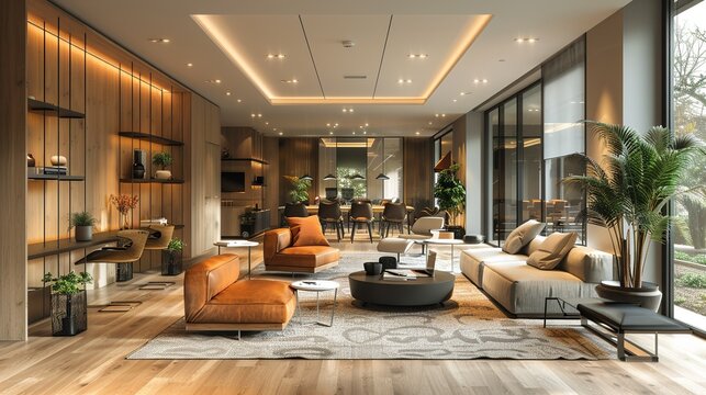 A modern office lounge area with comfortable seating, plants, and a relaxed atmosphere, providing a space for informal meetings and relaxation. Minimal and Simple,