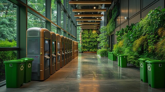 An office with a focus on sustainability, featuring recycling bins, green plants, and energy-efficient lighting, promoting eco-friendly business practices. Minimal and Simple,