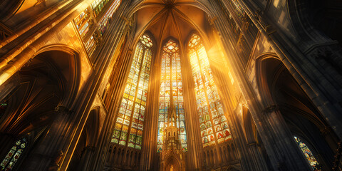 Glorious Sunrise Illuminating Stained Glass Windows in Cathedral" | "Morning Sunlight Streaming Through Cathedral Windows"