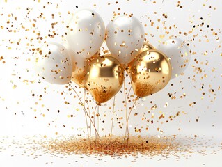 Balloons and gold confetti in the air