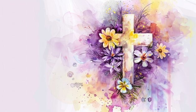 A floral cross with vibrant purple, yellow, and pink flowers on a soft pastel background.