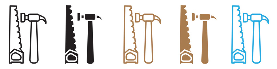 Hand saw and hammer icon line art vector