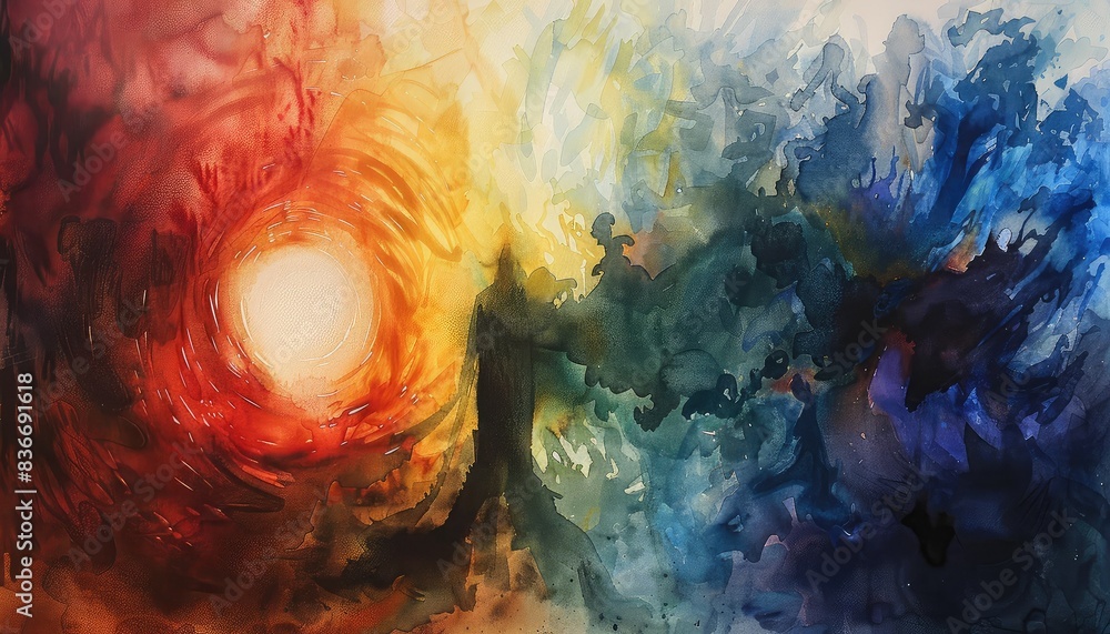 Poster abstract art with swirling bright colors, blending warm reds and cool blues, creating a captivating 