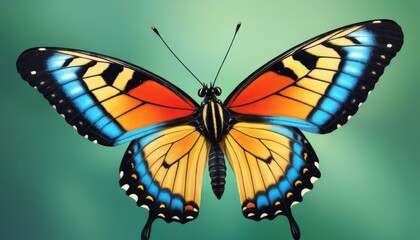 Obraz premium A stunning close-up of a vibrant butterfly showcasing its colorful wings against a soft green background. Perfect for nature projects, educational materials, or decorative designs.. AI Generation